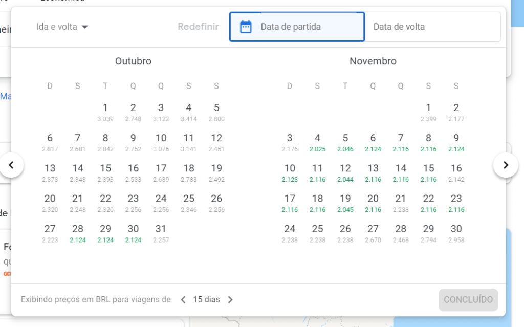 Calendário para escolher a data da viagem no google voos - @ficaativoeviaja